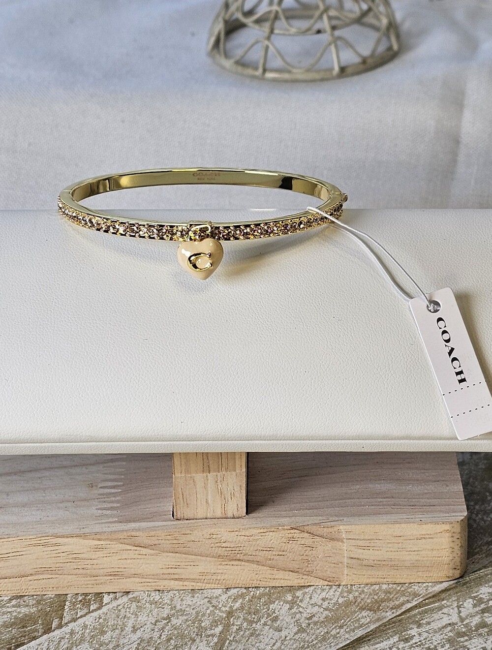 Coach Gold Crystal Pavé Heart Charm Bangle Bracelet